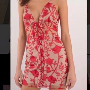 Tobi red embroidered lace up dress